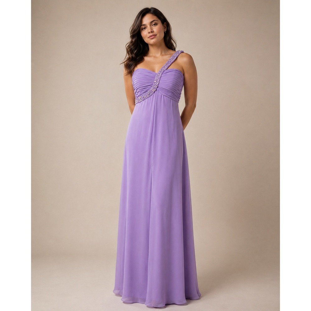 One Shoulder Gown Women 4 Lavender Rhinestone Pleated Maxi split front Prom Glam